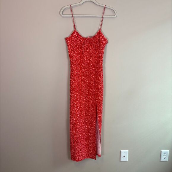 Zara Red with White Floral Print Midi Dress with Slit Side Size Medium - Picture 1 of 9